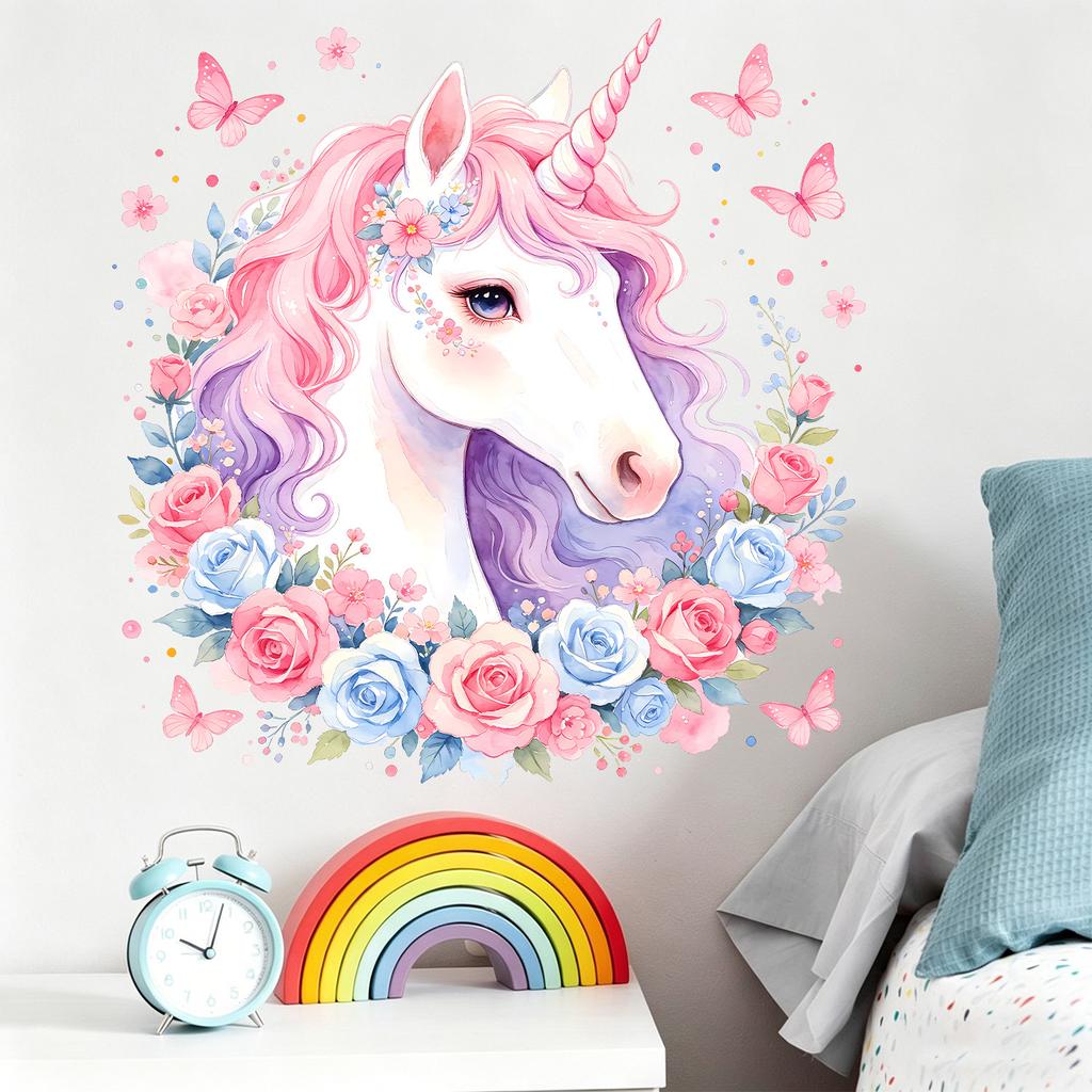 Creative Watercolor Unicorn Self Adhesive Waterproof Oil Proof Wall Sticker for Kitchen Bedroom Home Decor