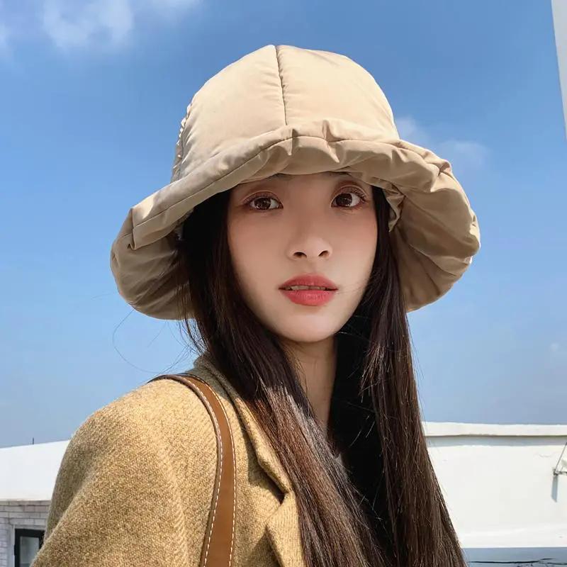 WTEMPO Couple Autumn Winter Down Cotton Bucket Hats Women Solid Color Warm Casual Hats Elegant Casual Versatile Hats