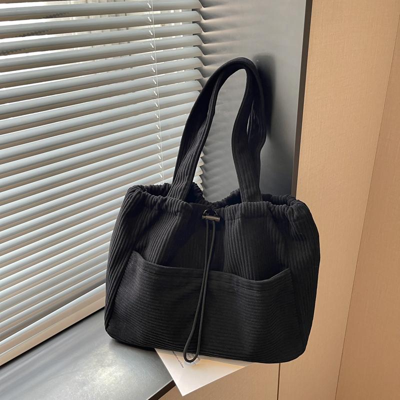 Solid Color Lightweight Corduroy Drawstring Tote Bag Large Capacity Shoulder Tote Bag