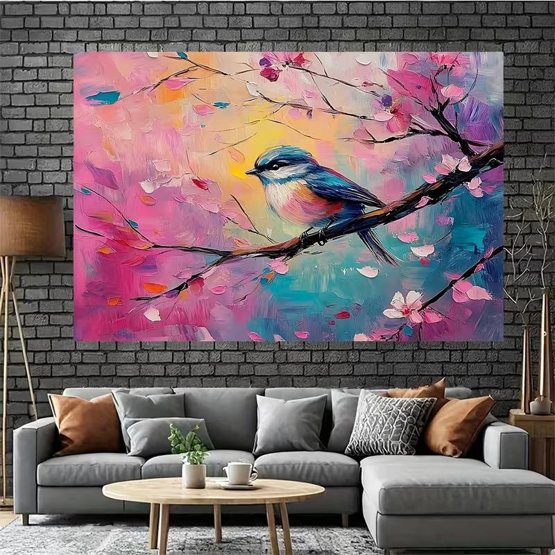 2D Blossom Branch Bird Backdrop, Artistic Spring Garden Photo Background