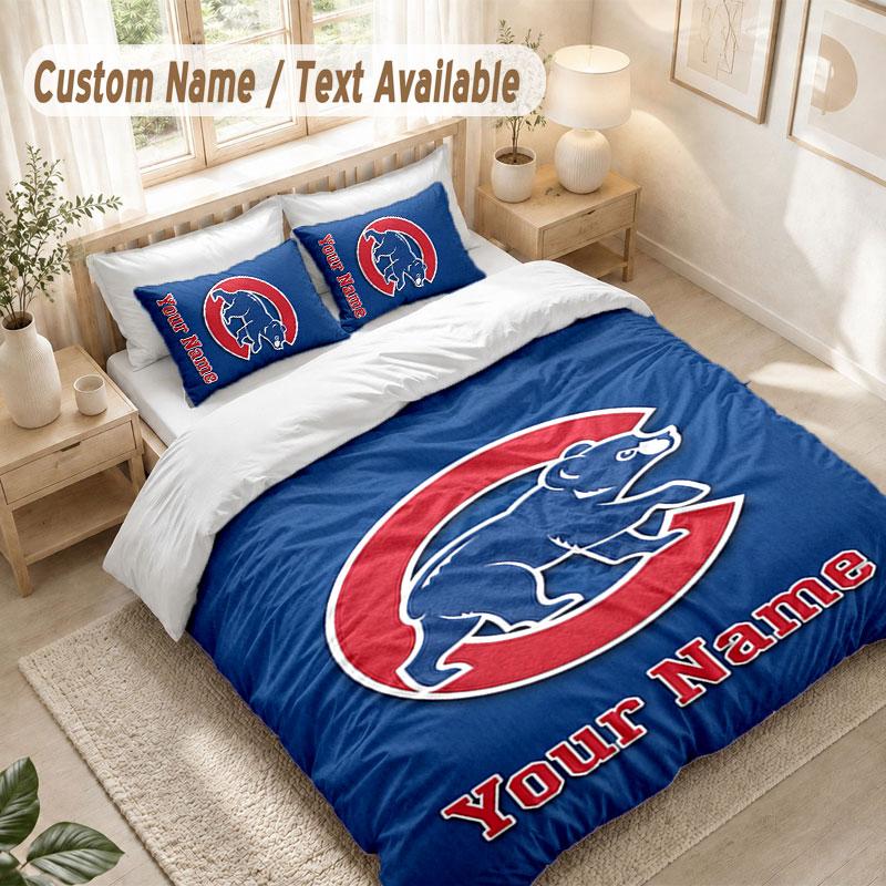 Custom Name Bedding Set 3 PiecesChicago Cubs Print Duvet Cover + 2 Pillowcases Soft Bed Decor