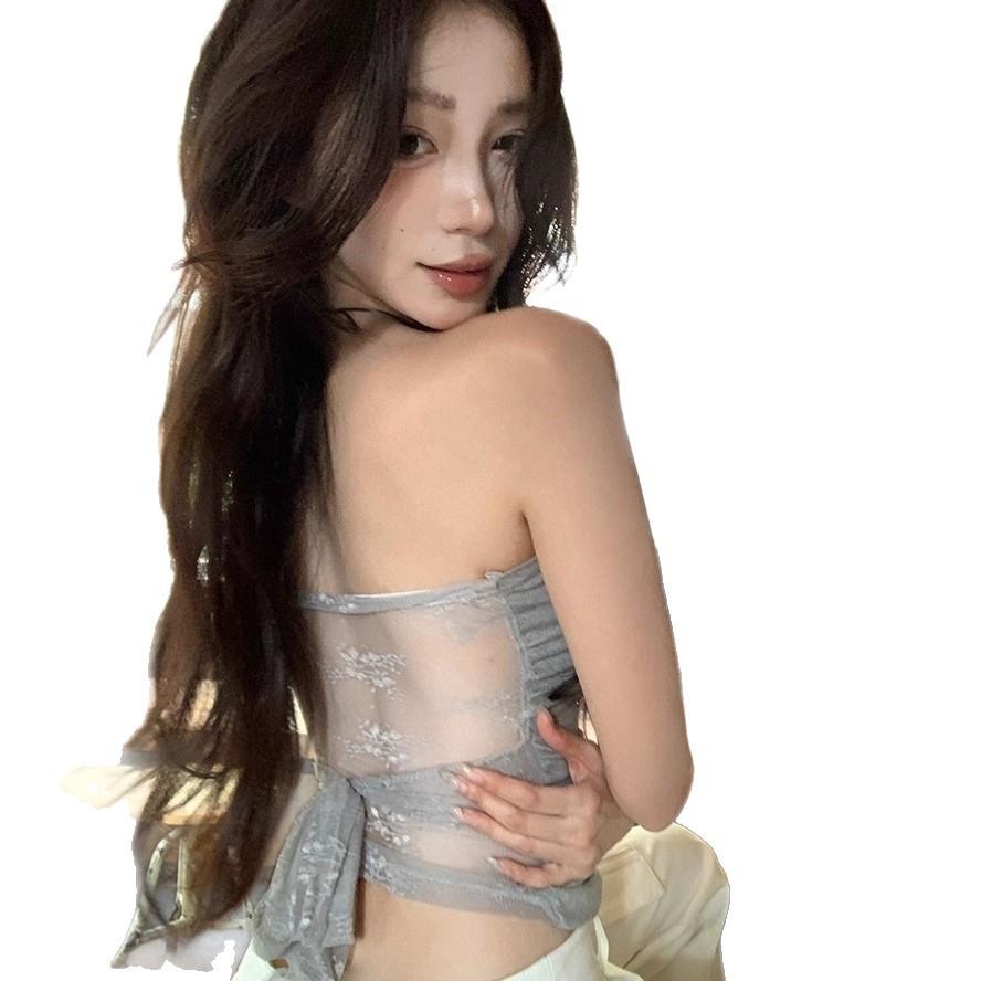 #Summer new pure desire sexy hot diamond back lace strap tube top slim one-piece with chest pad versatile