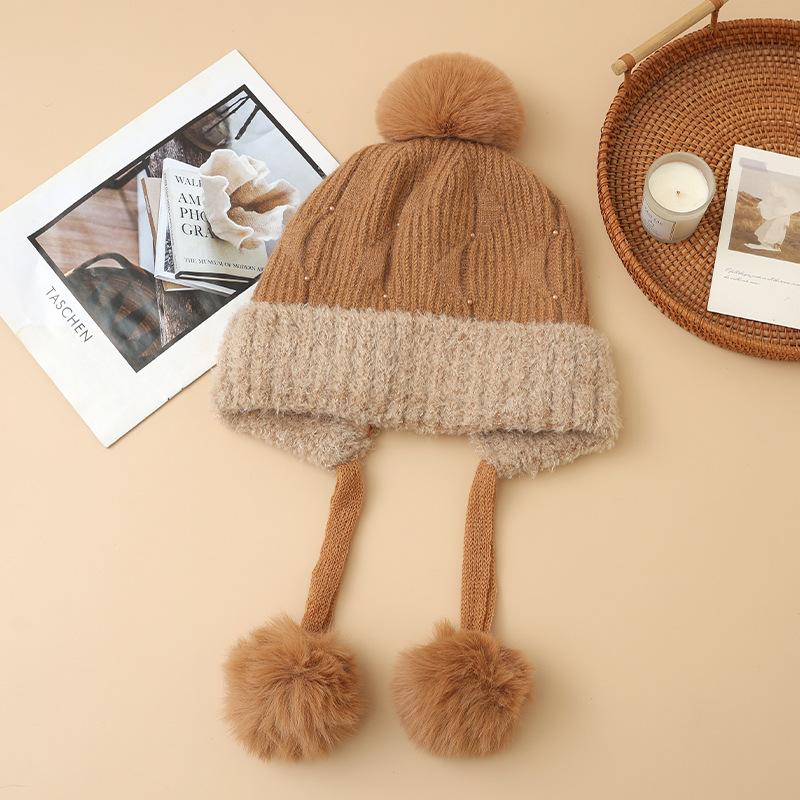 Autumn and Winter Hats for Women Sweet and Cute Fur Balls and Velvet Rabbit Fur Warm Hats Fashionable and Versatile Ear Protection Wool Hats