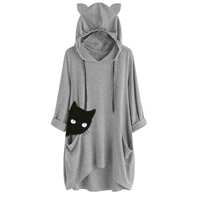 Frauen Casual Print Katze Ohr Mit Kapuze Lange Ärmel Tasche Unregelmäßige Top Bluse Shirt