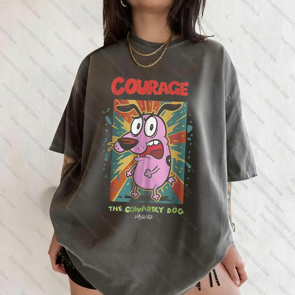 Summer Vintage Courage The Cowardly Dog Cartoon Print Short Sleeve TShirt Retro Graphic Tee 90s Nostalgia Streetwear Clothing