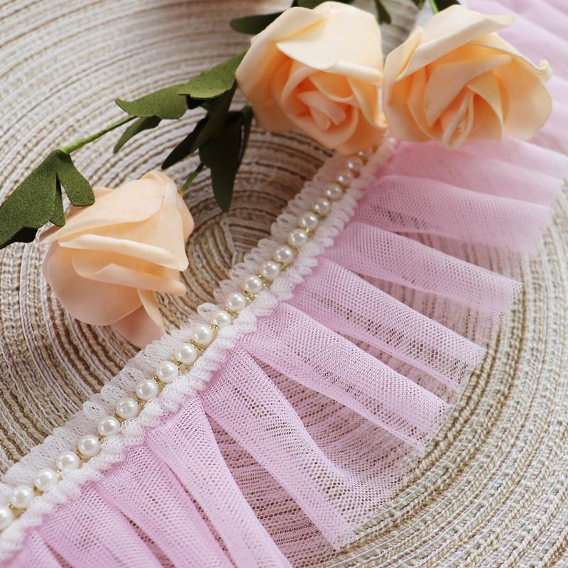 7cm Widened Pink Bead Ribbon Border Pleated Lace DIY Children's Clothing Collar Cuff Skirt Trim Sewing Decoration Accessories