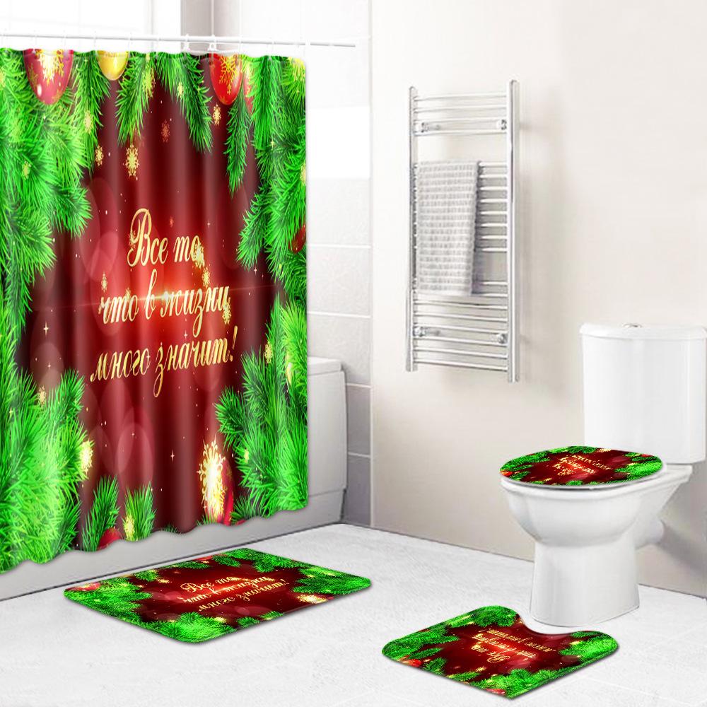 Christmas Shower Curtain Floor Mat Combination Four-Piece Set Bathroom Toilet Carpet Shower Room Mat Foot Mat