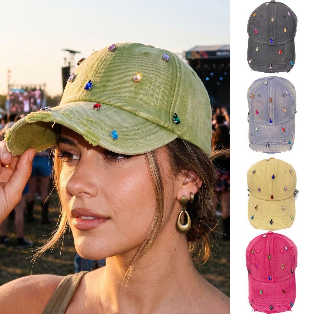 Creative Colorful Rhinestones Baseball Cap Distressed Design Solid Color Full Rhinestone Baseball Hat Duckbill Hat Fashion