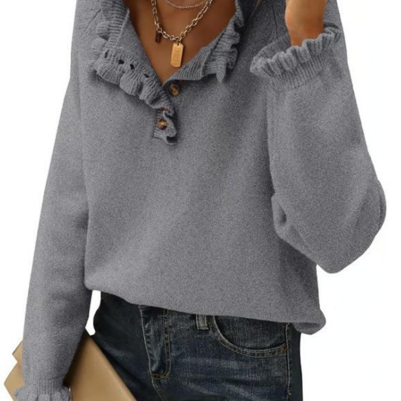 Women S Knit Long Sleeve Pullover Sweater With Buttons Ruffles