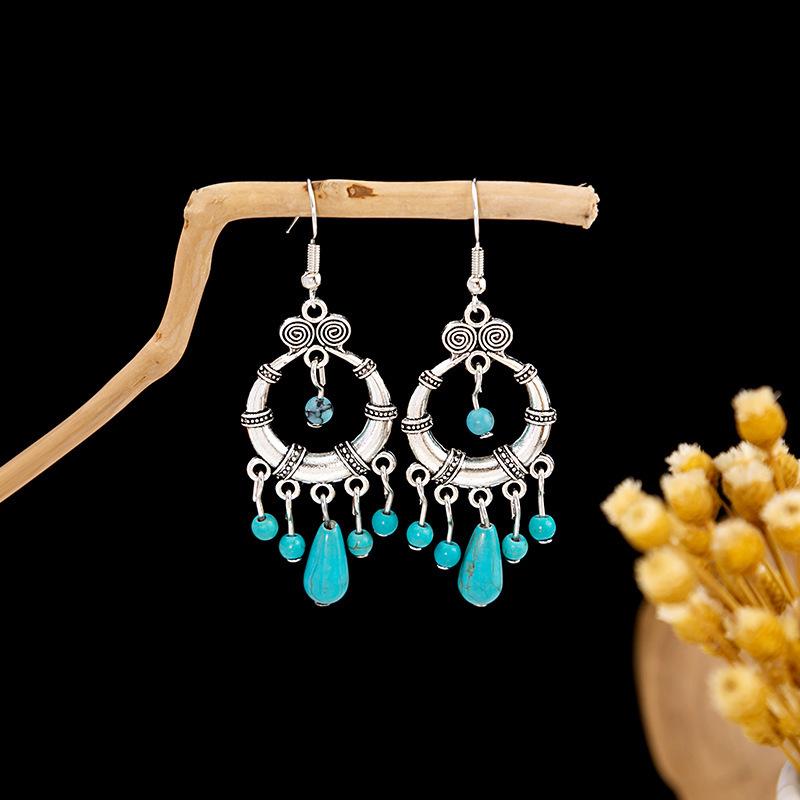 Bohemian Tassel Turquoise Earrings: Retro Ethnic Style Dangle Jewelry
