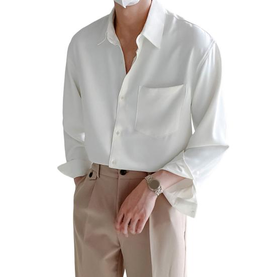 Lapel Long Sleeve Single-breasted Patch Pocket Draped Men Shirt Slim Fit Solid Color Business Dress Shirt Top