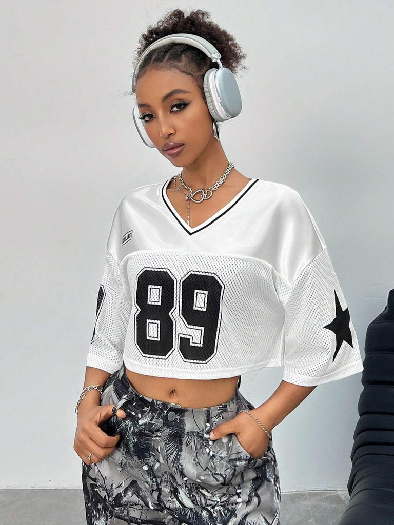 Maglia da Calcio da Donna con Scollo a V a Maniche Corte, Vestibilità Larga, in Rete, Stampa di Numeri e Lettere, T-shirt Oversize, Streetwear Y2K, Top Sportivo Casual Estivo