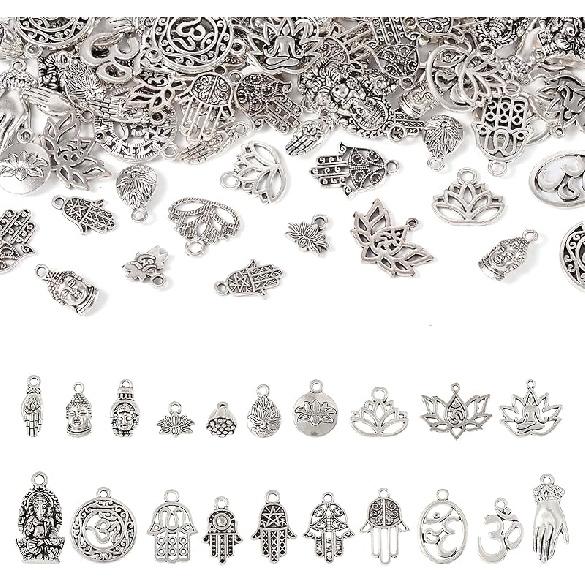 

Craftdady 100 шт. Підвіски-рука Фатіми Тибетський Метал Античне Срібло Буддійські Підвіски-шарми Лотос Будда Долоня Плоскі Круглі Сплав Шарми для Браслета 10~26 мм срібний