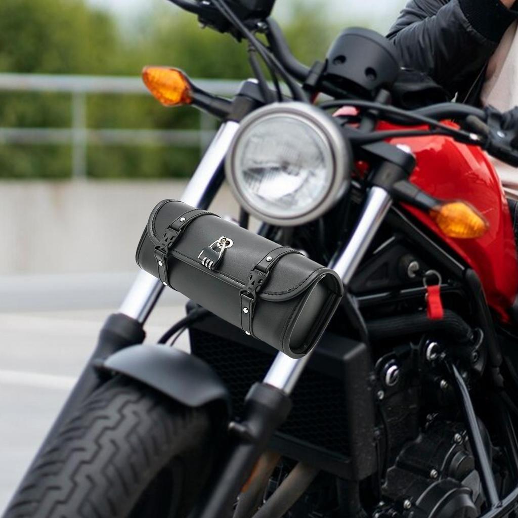 Motorcycle Tool Bag Motorcycle Barrel Bag Handlebar Tool Bag With Lock Waterproof PU Leather Cool Retro Saddlebag For Motorcycle