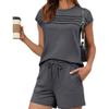 VEZFAA Women's Fashion Casual Summer Spring Solid Color Print Short Sleeve O-Neck Trousers Pants Suits