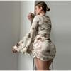 2025 Fashion Women Sexy Bodycon Bell Sleeve Dress Spring Summer New Elegant Slim Fit High Waist Printed Short Skirt