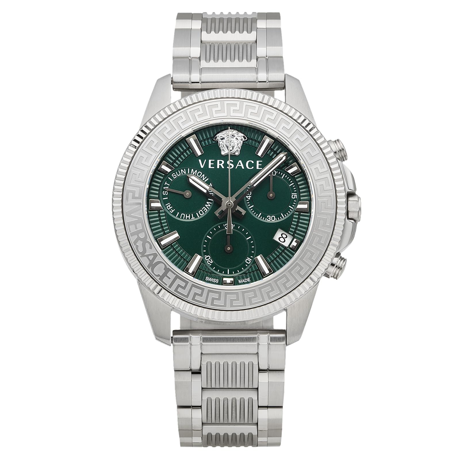 

Watch GRECA ACTION CHRONO Green Dial Stainless Steel Sapphire Glass Quartz 45MM Swiss Watch VE3J00422 Silver [Versace] Men s [Item] зелений