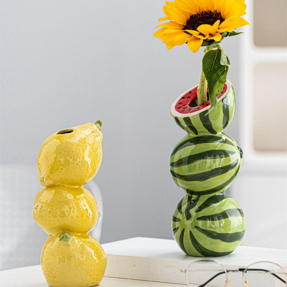 Orange Lemon Watermelon Fruit Model Vase Ceramic Crafts Flower Holder  Living Room Desktop