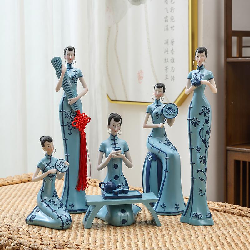 Chinese Classical Figurine Cheongsam Lady Statue Living Room TV Cabinet Art Decor