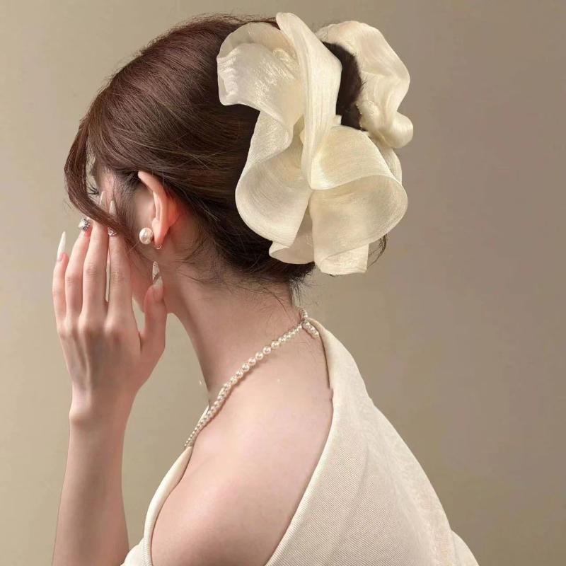 Soft Pleated Chiffon Flower Banana Hair Clips Anti Slip Holder Elegant Hair Clamp Women Daily Wedding Party Hair Accessories