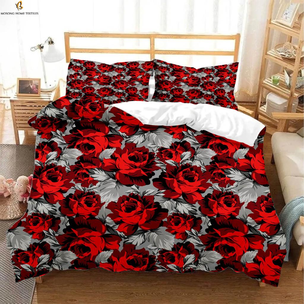 Vintage Wine Red Rose Print Quilt Cover Bedding Set Quilt Cover Pillowcase Romantic Valentine's Day Gift Three-Piece Set