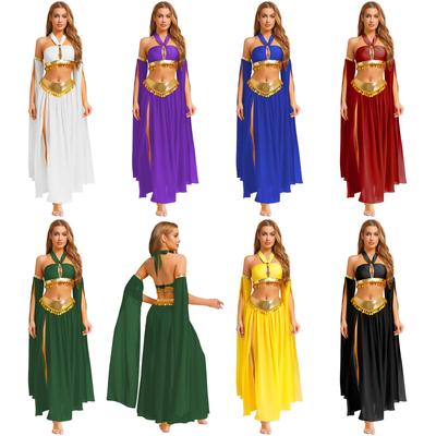Women Belly Dance Performance Set Sequins Crop Top Chiffon Skirt Keyhole Halter Removable Split Sleeves Outfit