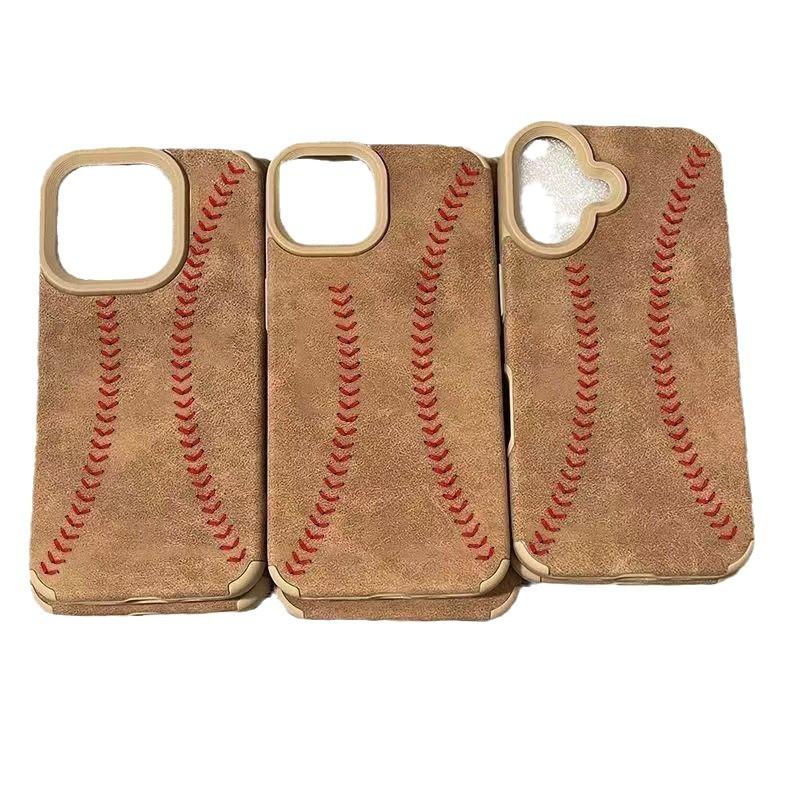 Retro Brown Large Hole Leather Baseball Suitable for Apple 16promax Mobile Phone Case 14 New IPhone 15 Cartoon
