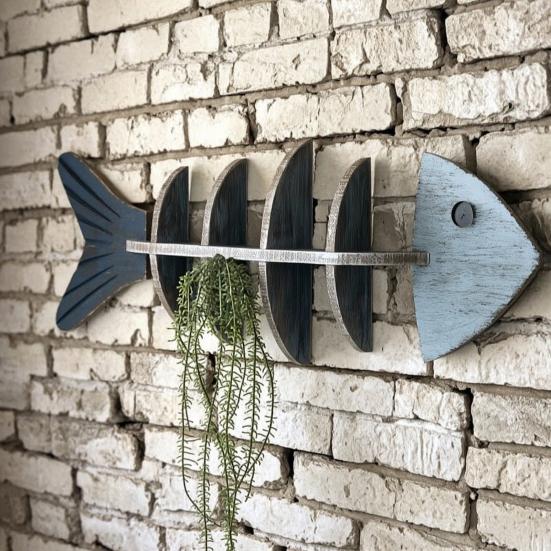 Nautical Wooden Fishbone Wall Decor Rustic Skeleton Fish Floating Shelf Coastal Wall Mounted Display