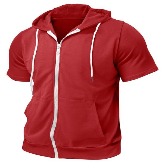Men's Zip-up Hooded T-Shirt Summer Short Sleeve Hoodie Tee Solid Color Full Zipper Tee Shirt with Pockets for Daily Sports Street Gym