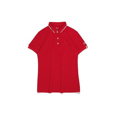 Li Ning Logo Embroidered Split Hem Short Sleeve Polo Shirt Women Polo Shirts Bull-Red APLR072-2