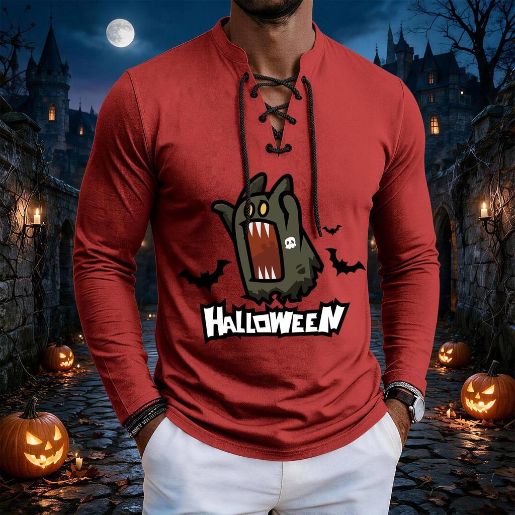 Men's Halloween print retro Henry collar lace-up long-sleeved T-shirt