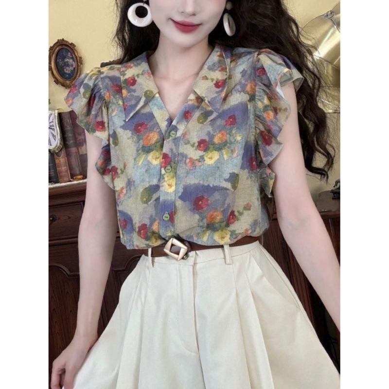 Retro Hong Kong Floral V-Neck Puff Sleeve Short-Sleeve Women's Shirt