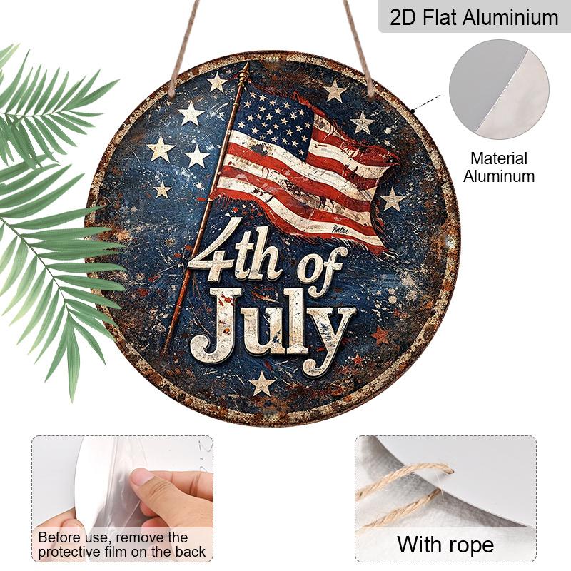 2D Flat, 1pc Round Aluminum Sign, 4th of July Vintage US Flag Design, Patriotic American Independence Day Metal Wall Art, Perfect for Home, Garage