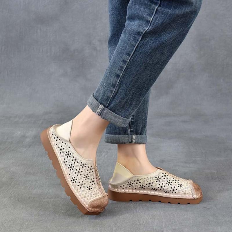 Johnature Hollow-out Breathable Flat Sandals Retro Genuine Leather Soft Soled Women's Slip-on Shoes