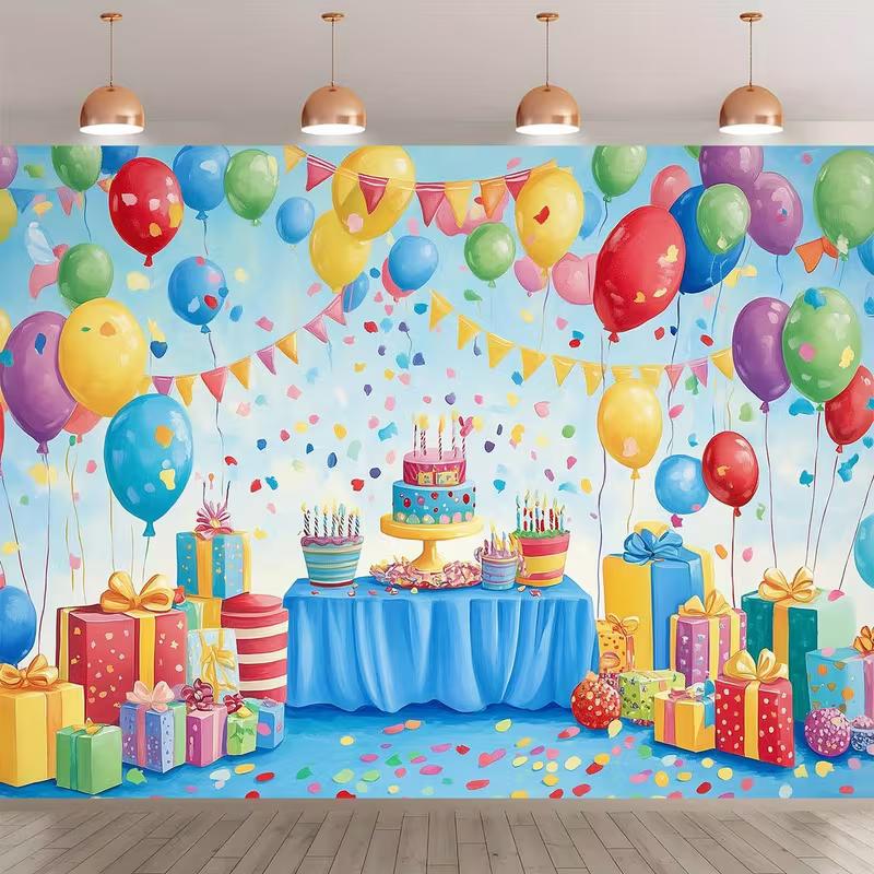 2D Rainbow Confetti Happy Birthday Backdrop Banner for Children Party Supplies