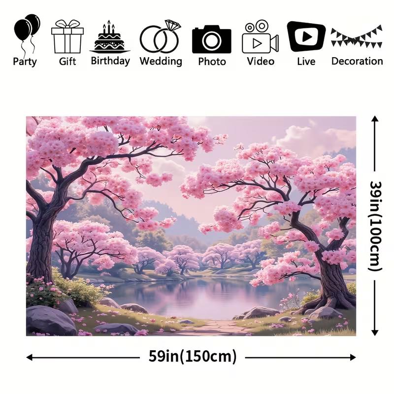 2D Romantic Sakura Garden Backdrop Cherry Blossom Lake Photo Background