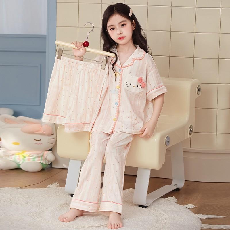 Cotton Cartoon Pajama Set Girls 8 Years Short Sleeve Shorts 3-Piece Sleepwear Home Outfit