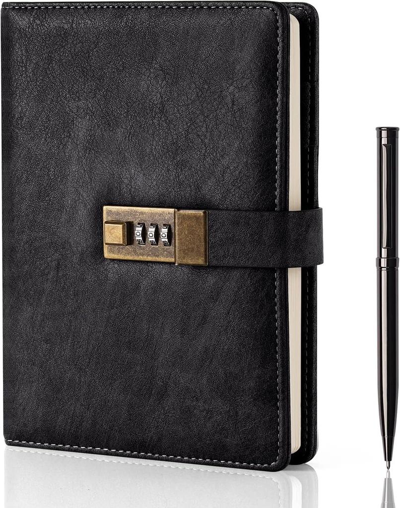 WEMATE A5 Lockable Journal with Pen and Gift Box, PU Leather Diary, 240 Pages, 15cm X 22cm, Black