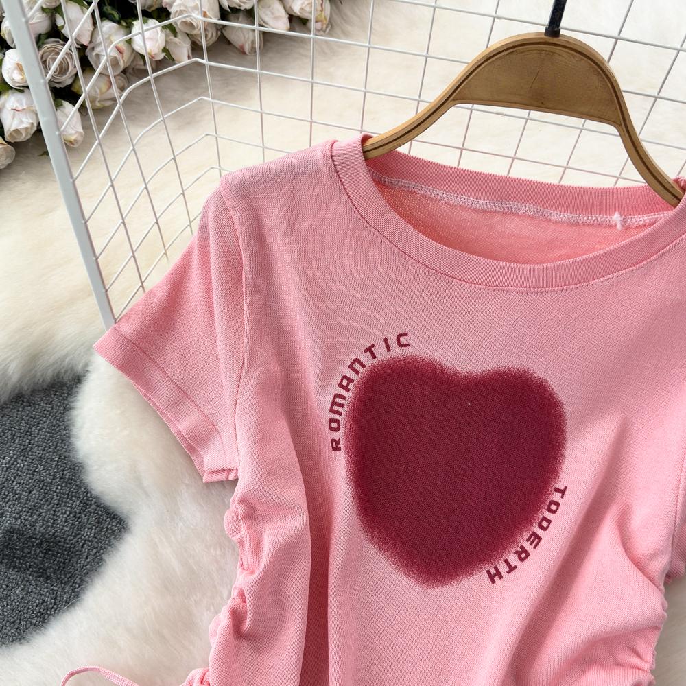 Summer New Heart Design Sweet Tops Spice Girl Round Neck Love Printing Drawstring T-shirt Casual Women Short Sleeve Fashion Blouse
