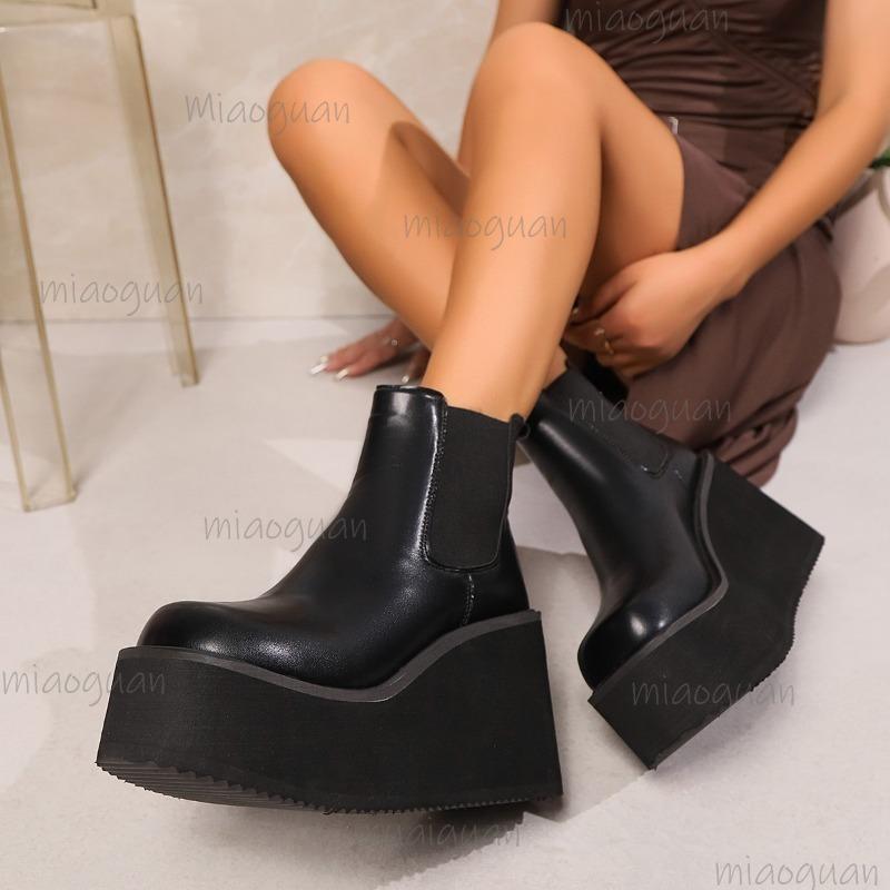 Größe 35-42 Plateau Keilabsatz Schwarzes Leder Kurze Stiefel Herbst Klobige Sohle Stiefeletten für Damen Slipper Botines Botas Mujer