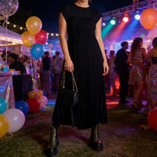 Women's Summer Sleeveless Midi Dress Pleated A Line Casual Crewneck Swing Dress Flowy Long Party Dress