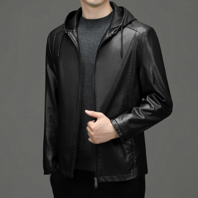 

Кожаное пальто, мужская зимняя деловая повседневная куртка среднего возраста, мужская плюшевая теплая куртка с капюшоном M
