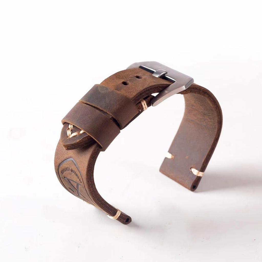 Crazy Horse Top Layer Cowhide Leather Watch Strap with Retro Embossed Print and Nahai Style Buckle