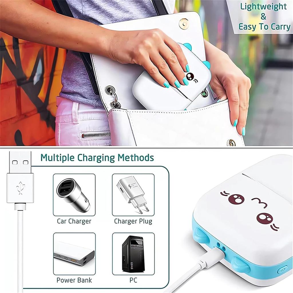 Cute Cat Wireless Bluetooth Mini Thermal Printer, Portable Pocket Printer for Photos, Notes, Labels & Study Materials (1000mAh Rechargeable) (Blue)