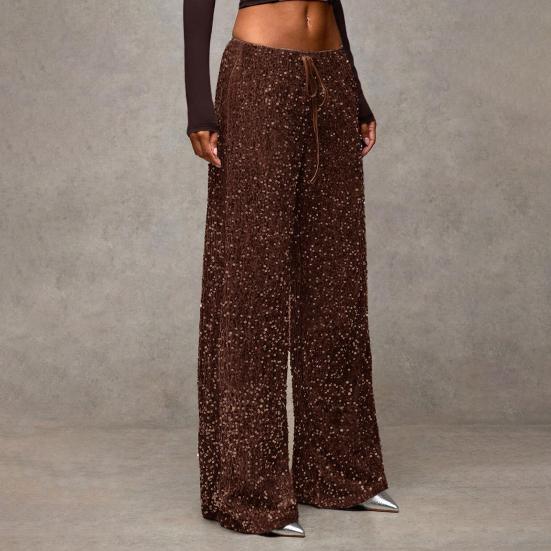 Dámské kalhoty s vysokým pasem a širokými nohavicemi, ležérní kalhoty se sekvenčním designem, elastický pas se stahovací šňůrkou, párty kalhoty