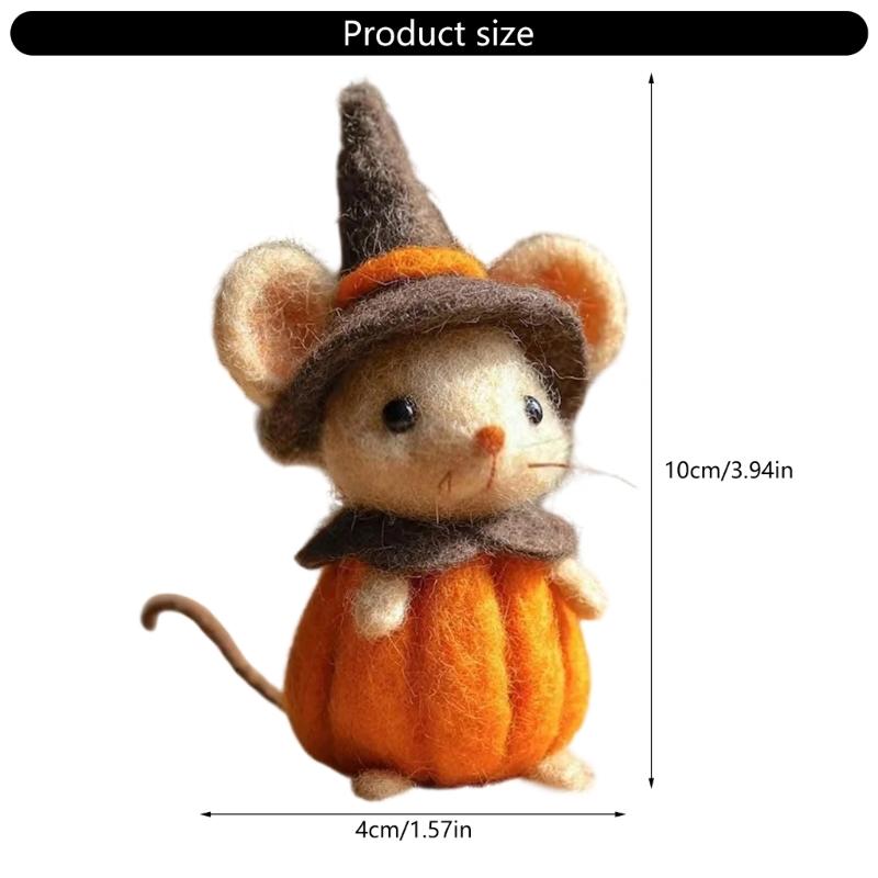 Festives Felt Pumpkin Mouse with Witch Hat Ornament For Halloween Party Home Office Desk Decors Handmade Craft Gift