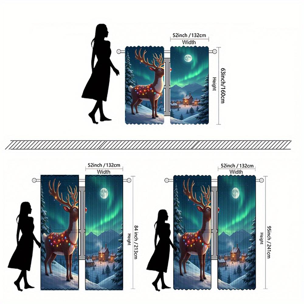 Festive Christmas Reindeer Snow Forest Printed Curtains High Definition Digital Print Green Scarf Red Hat Design Se Curtain Set Of 2 Made Polyester