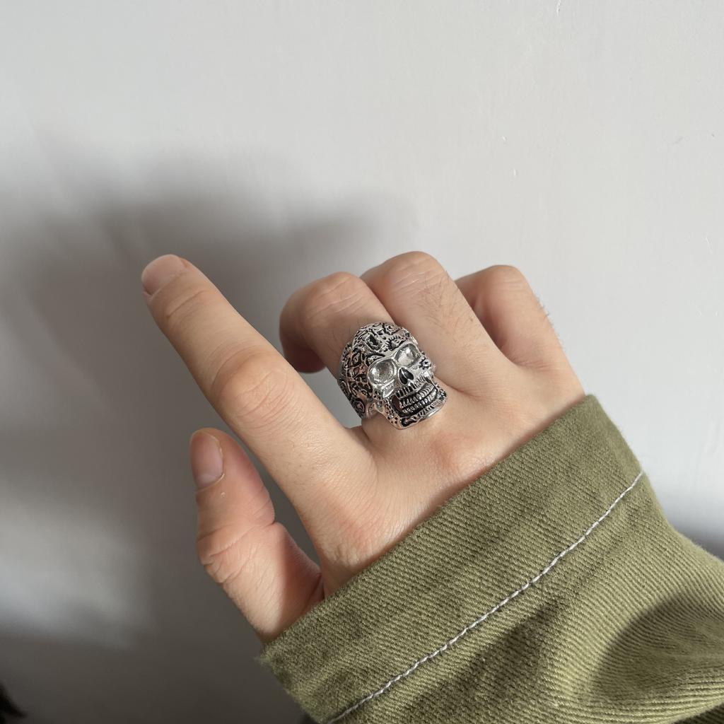 Retro Cross Tatoo Skull Ring For Men Silver Color Punk Gothic Rock Hiphop Open Ring Biker Accessories Handmade Designer
