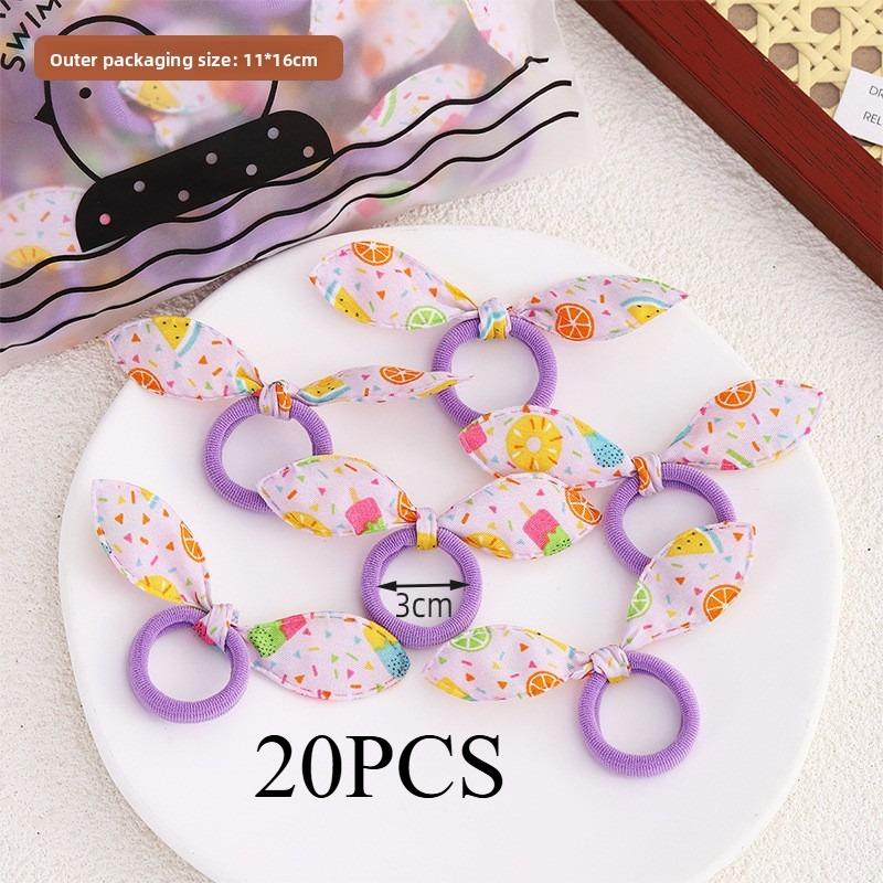 20PCS.Korean-style Fashion Fabric Hair Ties: Cute Rabbit Ear Hair Accessories with Polka Dots, Stripes & Floral Patterns,Perfect
