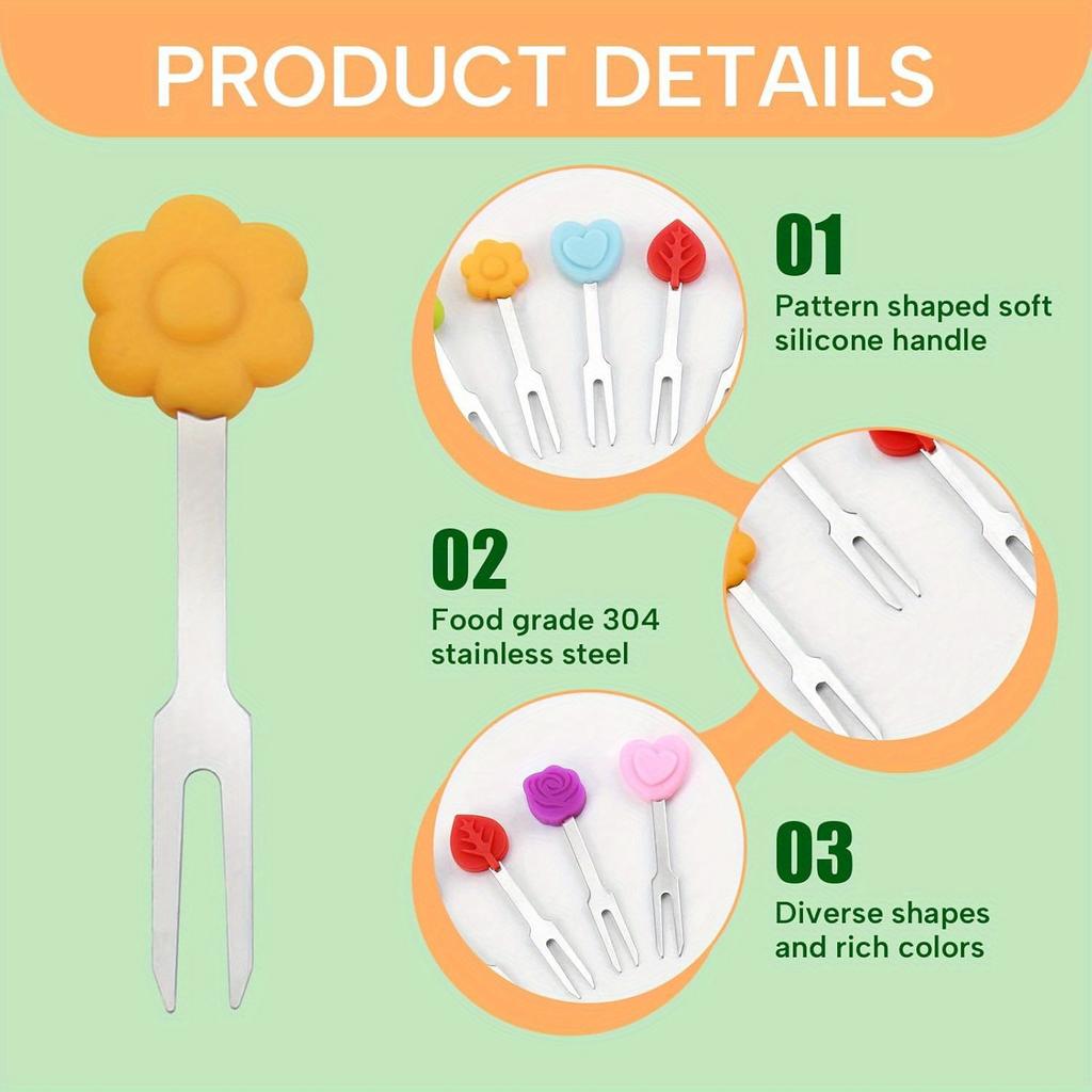 6pcs Mini Fruit Forks with Colorful Silicone Decorations - Stainless Steel, Reusable, Easy To Clean, Ideal for Desserts and Snacks, Snack Accessories